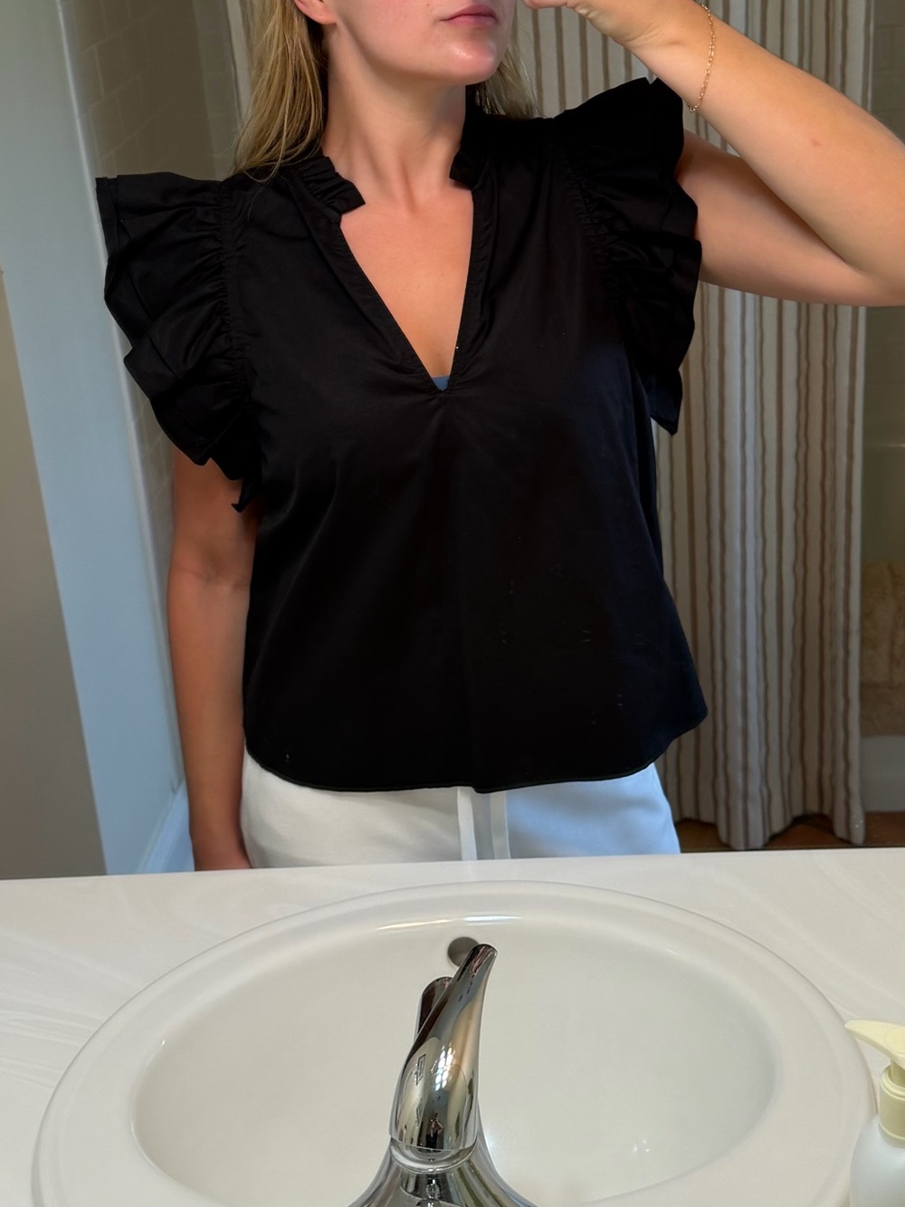 Lavender Brown Black Ruffle Sleeve V-Neck Blouse